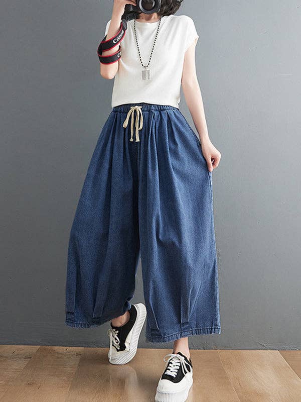 Loose Drawstring Wide Leg Denim Pants