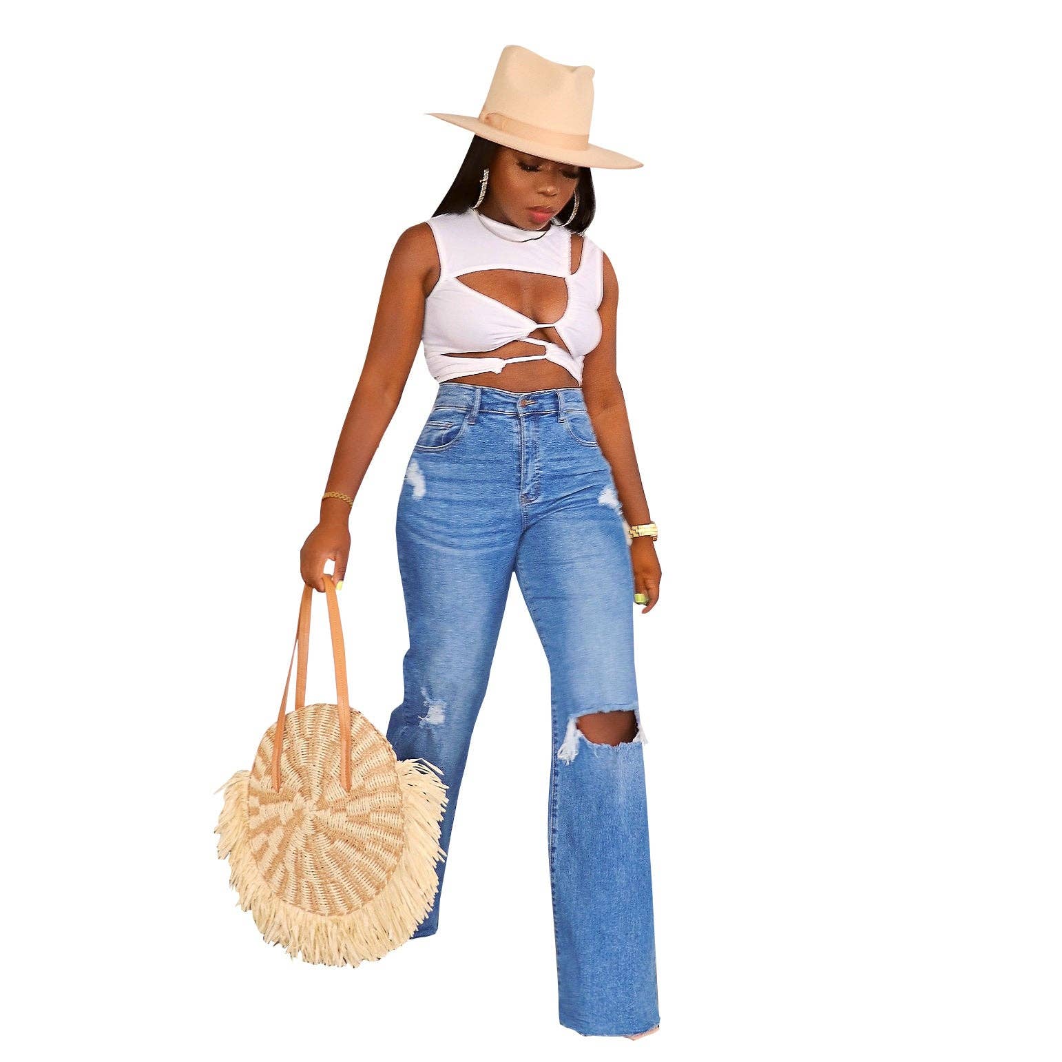 Distressed Wide Leg Jeans Women Casual Cotton Pants