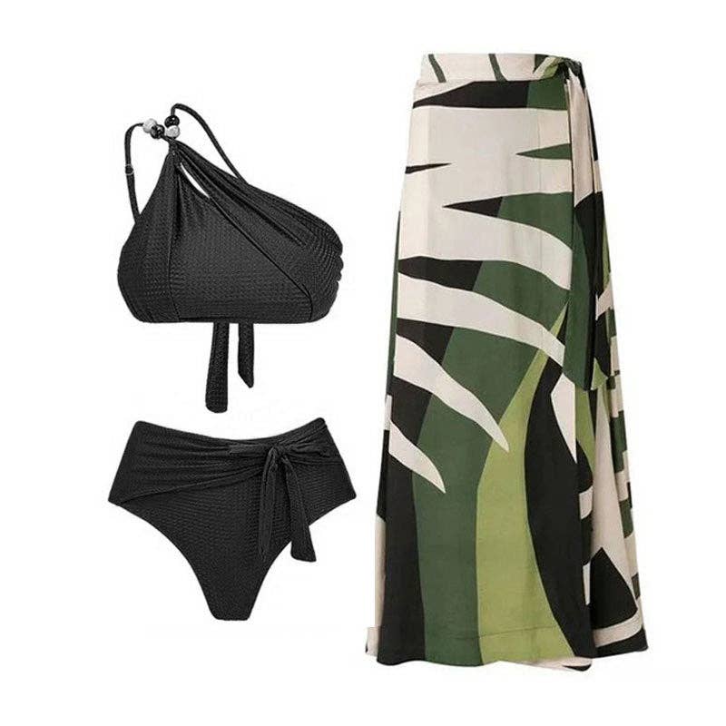 3-piece Bikini Set with Leaf Print Cover Up