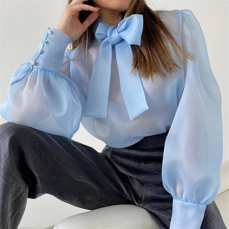 Bow Neck Mesh Puff Sleeve Blouse