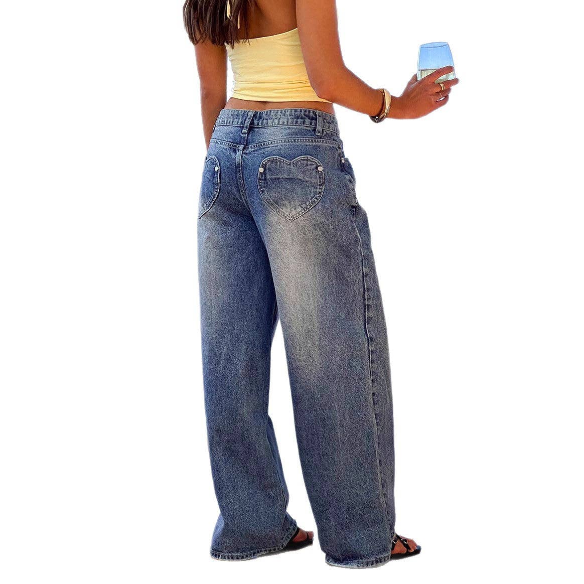 Vintage Wash Heart Patch Wide-Leg Jeans Stylish Casual Women’s Pants