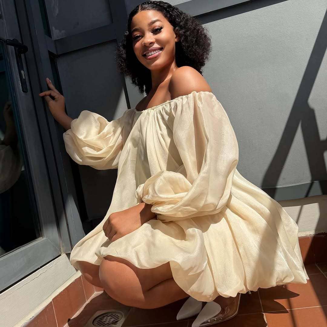 Off-Shoulder Puff Sleeve Dress in Blush- Plus