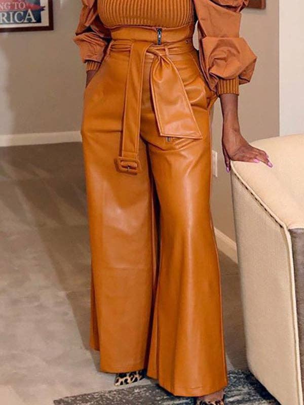 High Waisted Wide Leg Belted Zipper Trousers