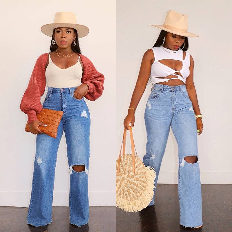 Distressed Wide Leg Jeans Women Casual Cotton Pants