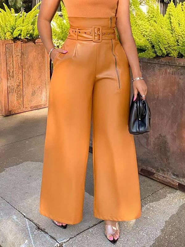 High Waisted Wide Leg Belted Zipper Trousers
